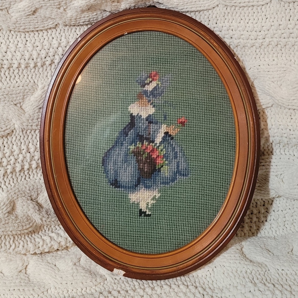 Lady with Bonnet Needlepoint Framed Oval Vintage Blues and Teal